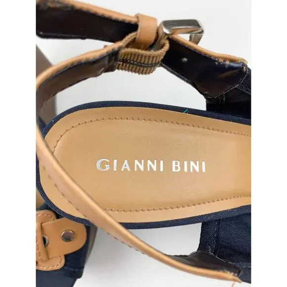 Gianni Bini Platform Wedge Heel Sandals Blue Tan Peep Toe Slingback Women's 8.5 - Picture 5 of 10